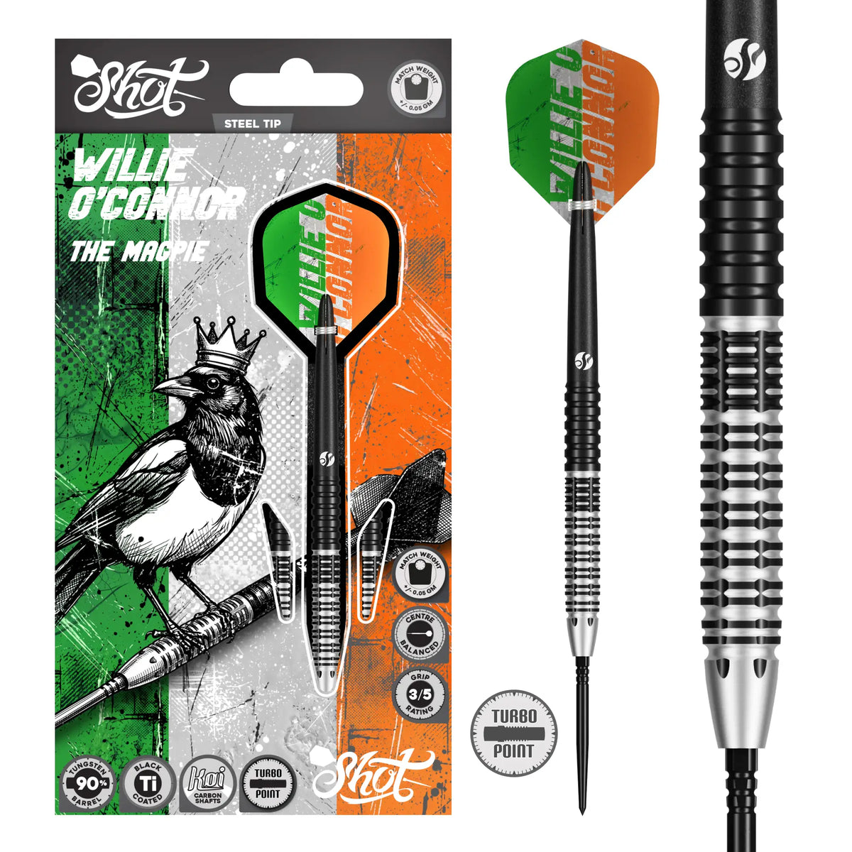 Pro Series Willie O'Connor Magpie Turbo Point - 90% Steel Tip Darts - Aussie Dart Supplies Online