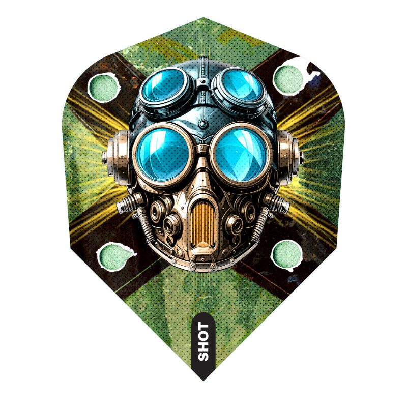 Dart flight with a mechanical gas mask design on a green and brown background, featuring the brand 'SHOT'.