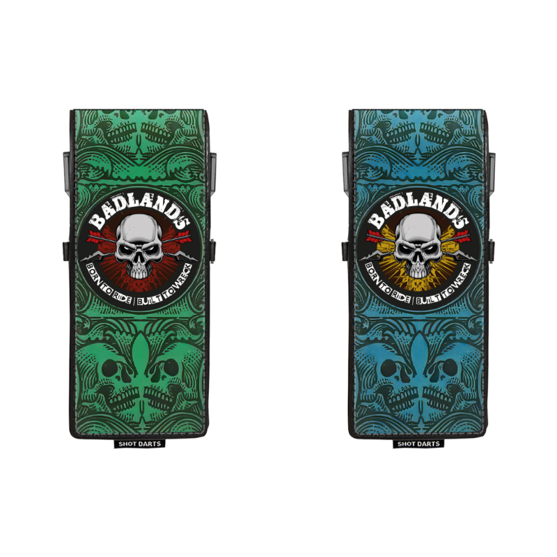 Two Badlands darts cases with skull design on a white background