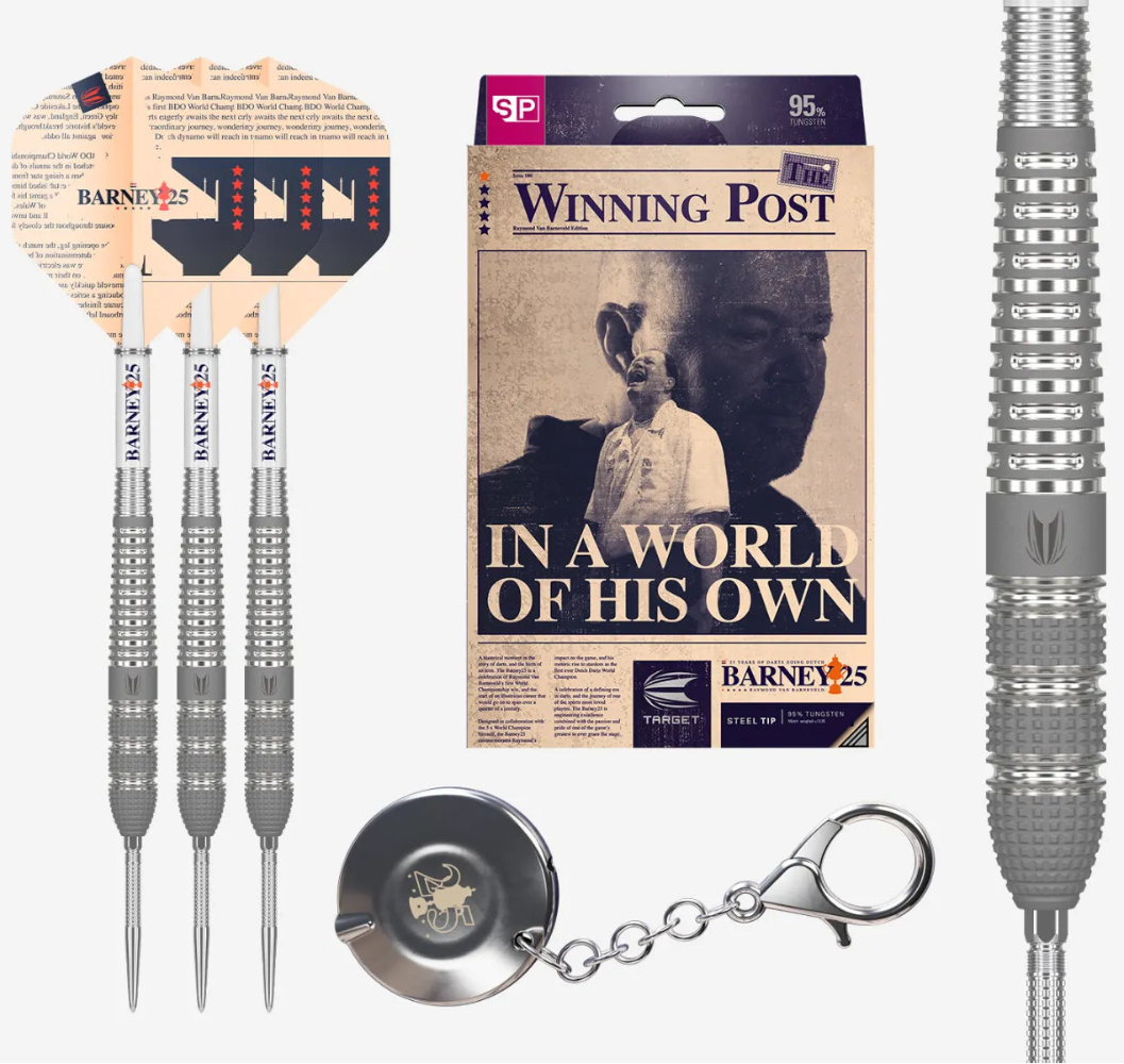 Darts set with packaging featuring a character named Barney, including darts, a dartboard, and a keychain.