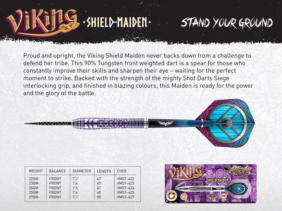 Shot Viking Shield -Maiden Steel Tip Front Weighted 90% Tungsten Darts Set