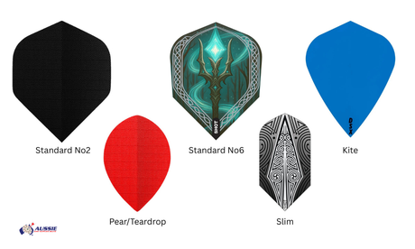 “Comparison chart showing different dart flight shapes — Standard No2, Standard No6, Pear/Teardrop, Slim, and Kite — by Aussie Darts Supplies.”
