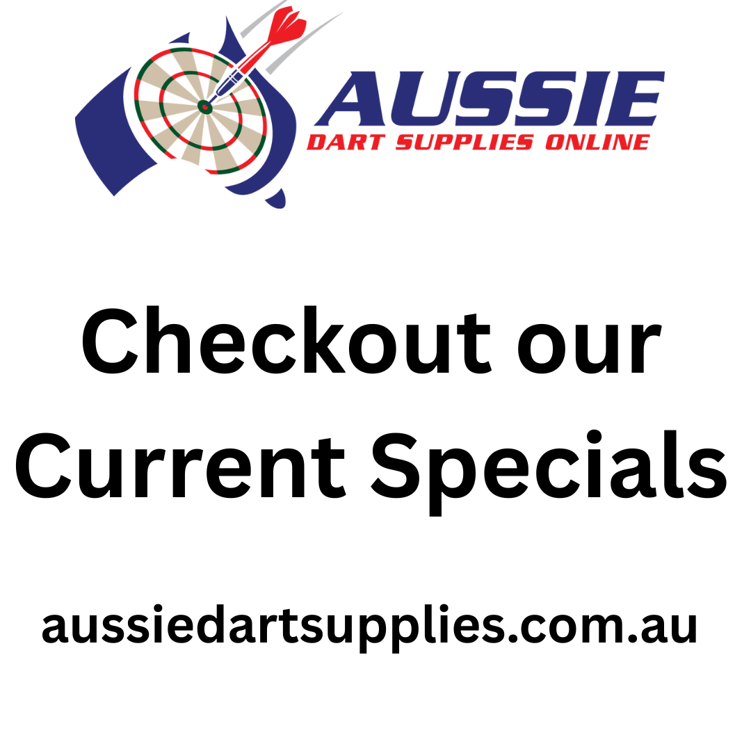 Aussie Dart Supplies Logo with message on specials and website URL