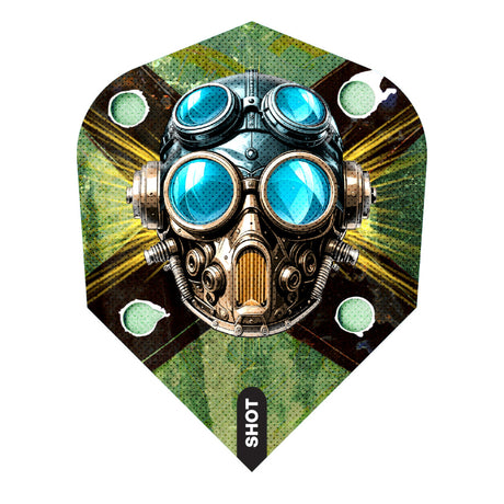 Dart flight with a mechanical gas mask design on a green and brown background, featuring the brand 'SHOT'.