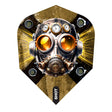 Dart flight with steampunk gas mask design on a black and gold background