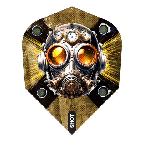 Dart flight with steampunk gas mask design on a black and gold background