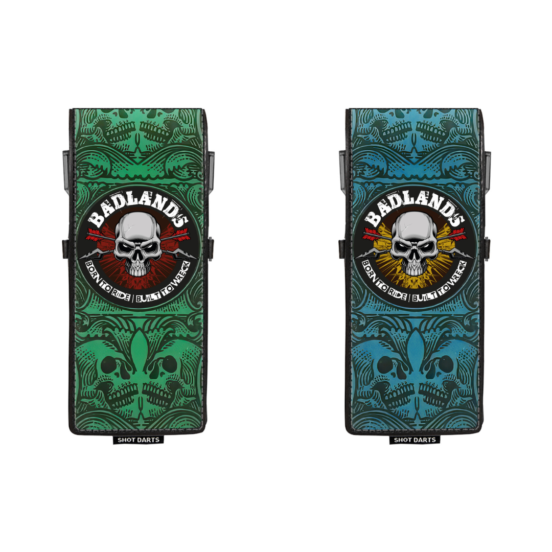 Two Badlands darts cases with skull design on a white background