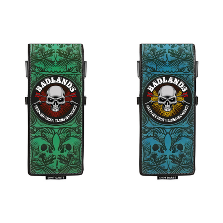 Two Badlands darts cases with skull design on a white background