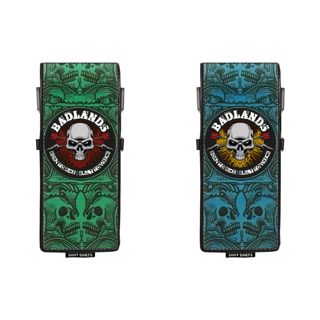 Two Badlands darts cases with skull design on a white background