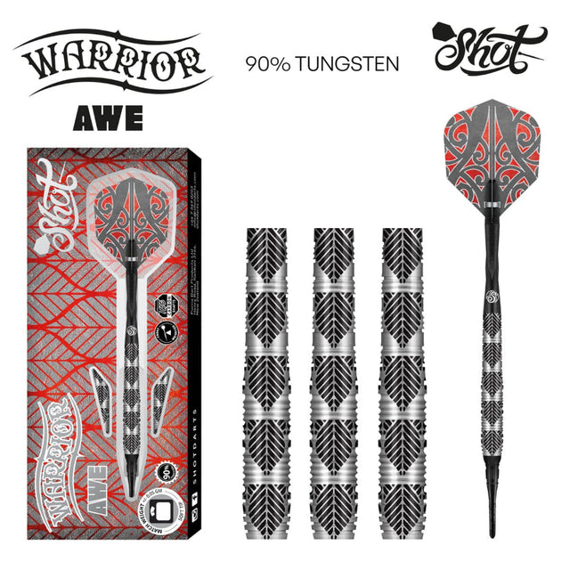 Warrior AWE darts with packaging and branding on a white background