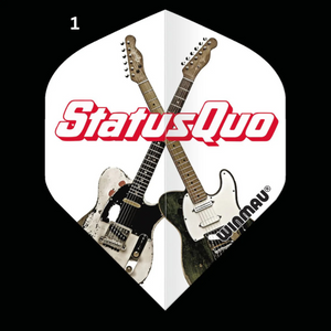 Two dart flights with Status Quo branding on a black background