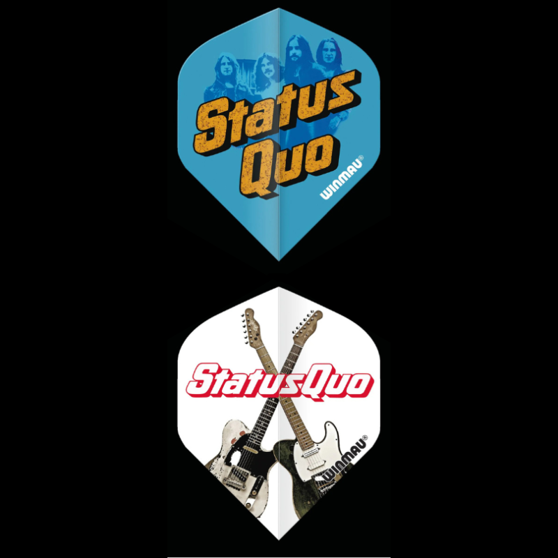 Two dart flights with Status Quo branding on a black background