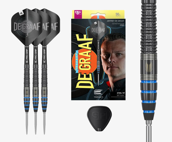 D Graaf darts with packaging and a dart tip on a white background