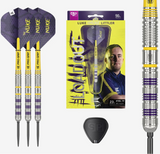 Darts set with Nuke branding and a packaging featuring a player's image on a white background.