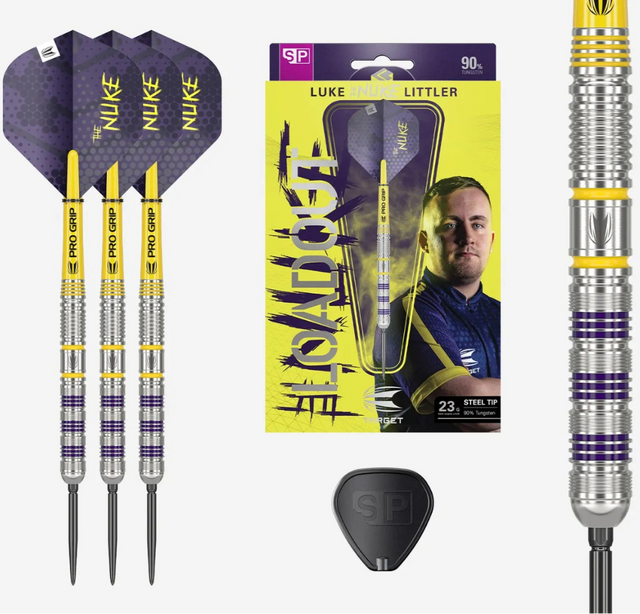 Darts set with Nuke branding and a packaging featuring a player's image on a white background.