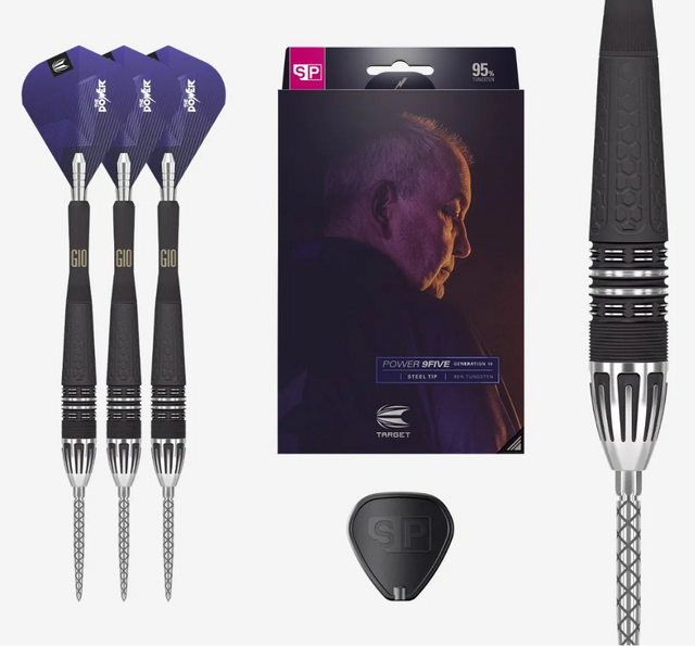 Set of darts with purple and black design, a dartboard clip, and a dart sharpener on a white background.