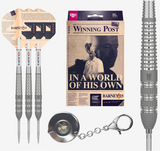 Darts set with packaging featuring a character named Barney, including darts, a dartboard, and a keychain.