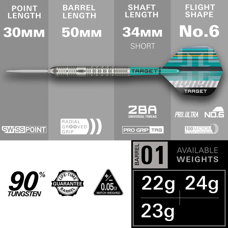 Target Hydra 01 90% Tungsten SP Steel Tip Darts.