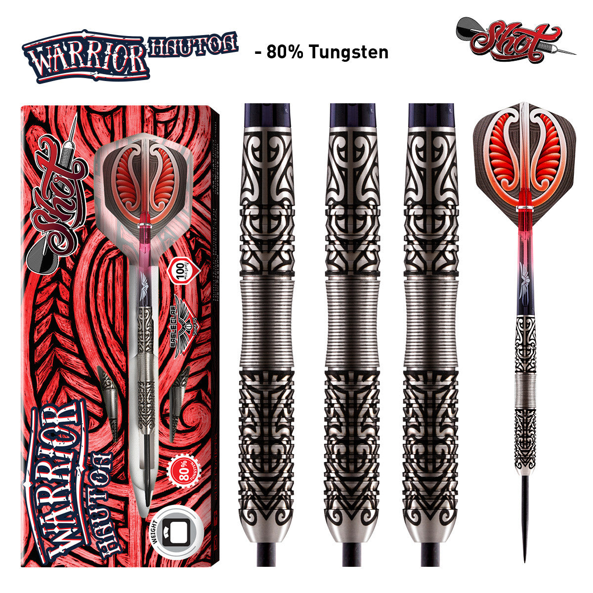 WARRIOR HAUTOA STEEL TIP DART SET-CENTRE WEIGHTED 80% TUNGSTEN BARRELS - Aussie Dart Supplies Online