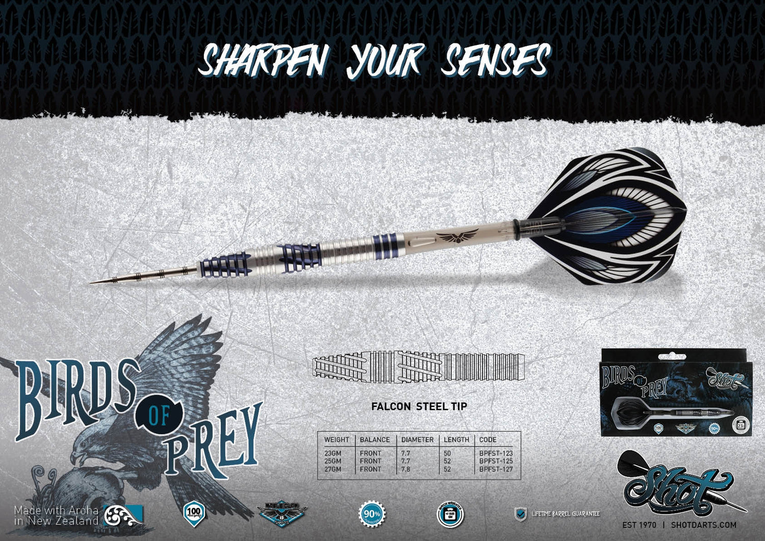 Birds of Prey Falcon Steel Tip Dart Set Front Weighted 90% Tungsten Barrels - Aussie Dart Supplies Online